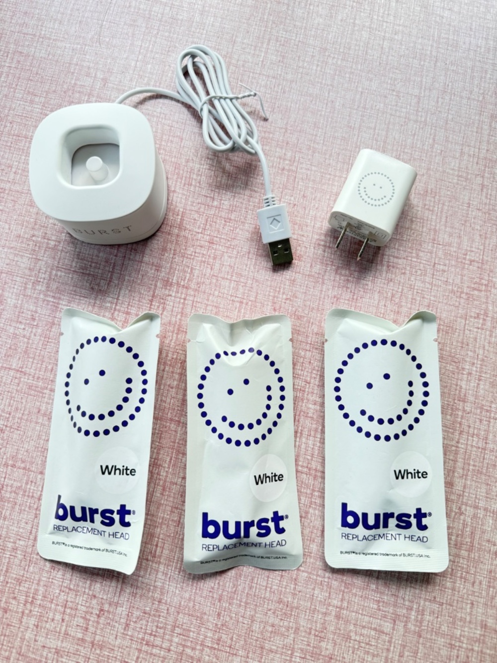 NWT! Burst Electric Toothbrush Replacement Heads + Charger + USB-A Adapter